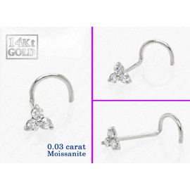 3-Stone 0.030ctw Moissanite Nose Stud - 22G Solid 14Kt Gold Nose Bone/L-Shape/Nose Screw Stud Nose Ring - April Birthstone Nose Stud, Metal, moissanite