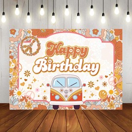 DIZHI Groovy Birthday Backdrop Party Decorations Boho Daisy Retro Flowers for Baby Girls Birthday Party Banner Vintage Two Groovy Background Photo Hippie Bus Birthday Party Banner 5x3ft