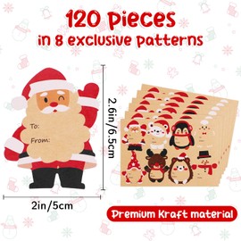 FINGOOO 120 Pcs Christmas Gift Tag Stickers, Kraft Paper Christmas Name Tags Label Stickers Self Adhesive for Xmas Holiday Present Wrap