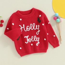 Baby Christmas Sweater Boy Girl Chunky Knit Long Sleeve Crewneck Embroidery Sweatshirt Toddler Pullover Tops (Holly Jolly Red, 0-3 Months)
