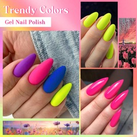 MSRUIOO Gel Nail Polish Kit 12PCS Gel Polish Set 10 Colors Hot Pink Green Purple Blue Neon Colors All Seasons Nail Gel with Glossy Top Coat and Base Coat for Nail Art DIY 8ml