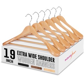 HOUSE DAY 19'' Extra Wide Shoulder Wooden Hangers 6 Pack, Premium Large Wood Suit Hangers With Non Slip Pant Holder, Wide Shoulder Hangers for Suits, Coats, Jackets, Heavy Wide Clothes Hanger, Natural