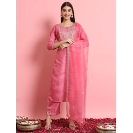 VredeVogel Women's Silk Blend Embroidered Kurta with Pant & Dupatta Set (Pink_X-Large)