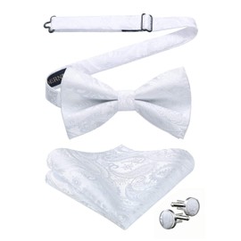 HISDERN Bow Ties for Men White Bowtie Pretied Bow Tie and Pocket Square Cufflinks Set Paisley Formal Tuxedo Woven Bowties for Wedding Prom