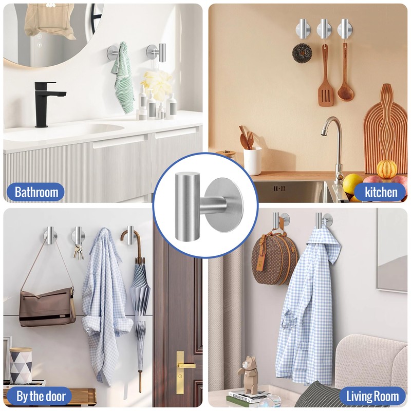 Augegel Adhesive Towel Hooks, Brushed Nickel SUS 304 Stainless Steel