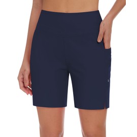 DIBAOLONG Women's Swim Shorts 7" High Waisted Quick Dry UPF 50+ Beach Board Shorts for Women with Liner & Pockets Dark Blue XL