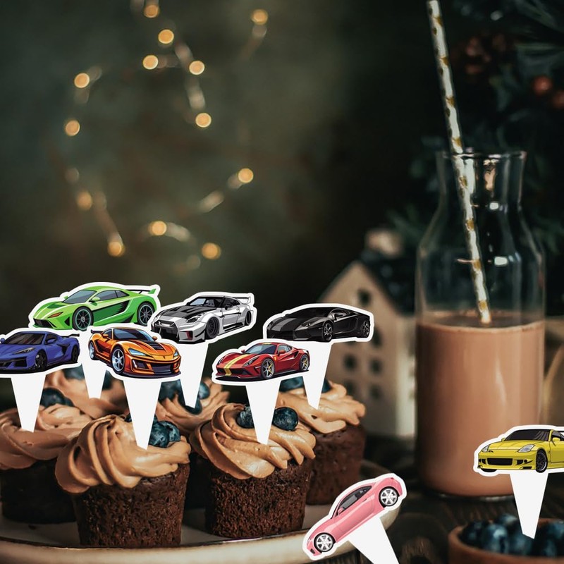 Lyosehy 48PCS Race Car Cupcake Toppers - 8 Designs, 6pcs