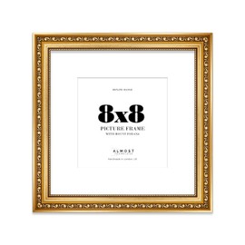8x8 Gold Ornate Photo Frame With White Mat For 6x6 Picture, Ready to Hang or Stand, 1 Pack