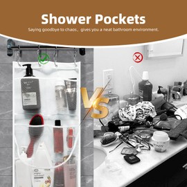 EMLTHORY Hanging Mesh Pockets, Mesh Shower Caddy Hanging Shower Curtain Liner Pockets Hanging Shower Organizer with Pockets Quick Dry Cruise RV Camper Bathroom Organizer with Shower Curtain Hooks