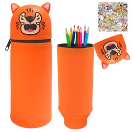 HarnyLoom 2 in 1 Silikon Federmäppchen fur Mädchen Jungen, Süßes Tier Mäppchen mit Reißverschluss Stifthalter Schulanfang Geschenke Schulbedarf (Orangefarbener Tiger)