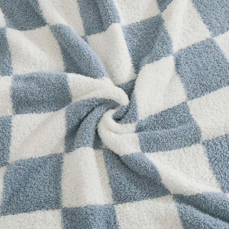 WRENSONGE Checkered Throw Blanket, Grey Blue Soft Cozy Fluffy Warm