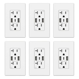 ELEGRP USB Wall Outlets, 3-Ports USB C Wall Outlets Receptacles, Matte White 20 Amp Outlets with USB Ports, TR Tamper-Resistant USB Outlets, Screwless Wall Plate Included, UL & CUL Listed, 6 Pack