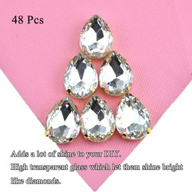Hahiyo 13x18mm Sew On Rhinestones Claws Base High Transparent Glass Crystal Gems Metal Back Prong Setting Easy Glue Tear Drop 48 Pieces Multi-Function for Jewelry Gift Dress Arts Crafts Decorate