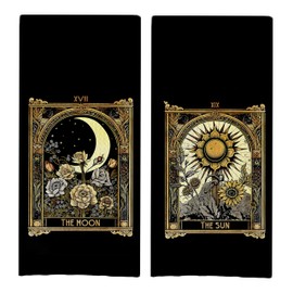 GCFET Witchy Black Dish Towels Set - Tarot Waffle Kitchen Towels, The Moon Sun Hand Towels, Gothic Tea Towels, Witchy Gifts, Gothic Gifts for Women（16x24, Set of 2）