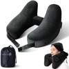 Inflatable Neck Pillow for Airplane Travel with Hoodie, Portable Neck Support for Long Haul Flights Sleeping Napping, with Soft Velour Cover Hat, Travelling Sleep Essentials for Plane Car Train