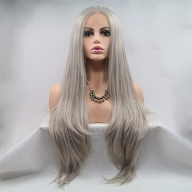 AFBeauty Grey Lace Front Wigs Synthetic Platinum Color Heat Resistant Fiber Free Part Lace Front Wig Gluless Silver Wigs for Women 24 inches