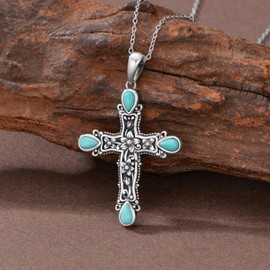 MUUYON Sterling Silver 3.0 Ct Turquoise Cross Necklace for Women, S925 Real Silver Vintage Cross Necklace for Ladies Mom Men Birthday Anniversary, 18+2 inches