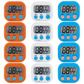 12 Pieces Small Digital Kitchen Timer Count Up and On/Off Switch Timer with Loud Alarm Magnetic Back Large Display Timer LED Countdown Timer for Cooking Baking Games (White, Orange, Blue)