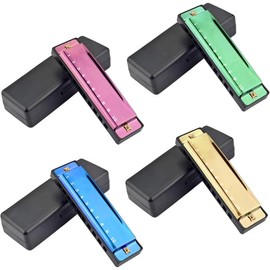 4 count Key of C 10 Hole 10 Tones Titanium Color Harmonica with Case for Beginner Students (, Purple, Green, Blue) - Color: Gold, Silvery, Black, Red