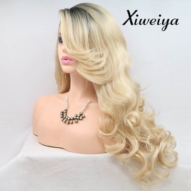 xiweiya Ombre Light Blonde with Dark Roots Wavy Lace Front Wig Natural Hairline Blonde Synthetic Lace Front Wigs Heat Resistant Wig with Bangs High Density for Women Daily Wear Wigs