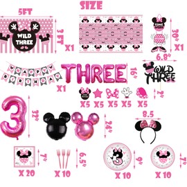 201 Pcs Pink 3rd Birthday Party Decorations, Wild Three Balloons Arch Garland Kit, Girls Third Bday Backdrop, TableCloth, Tableware for Girl's 3th Birtdhay Party Supplies