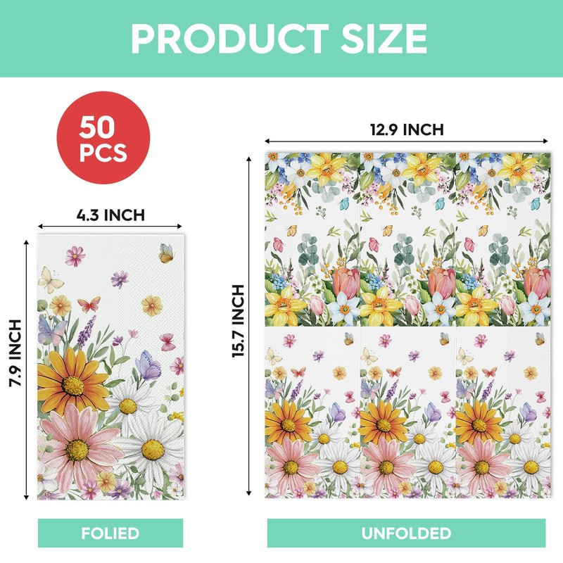 100 Spring Summer Disposable Paper Decorative Guest Napkins, Floral and