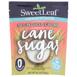 SweetLeaf 50% Reduced Calorie Cane Sugar with Allulose, Stevia and Monk Fruit Extract - All Purpose Natural Sweetener, Non GMO, Vegan, Gluten Free, Only 8 Calories Per Serving - 16 Oz