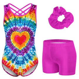 Idgreatim Girls Leotards for Gymnastics Size 5-6 Tie-Dry Biketards Outfit with Shorts Sleeveless Activewear Ballet Dance Set Pink Heart