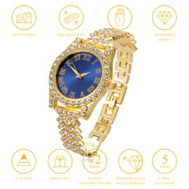 Halukakah Diamonds Gold Watch, Children's 18K Real Gold/Platinum Plated White Gold 36 mm Wide Green/Blue/Red Dial Quartz Bracelet 20 cm with Cuban Chain Necklace Bracelet, Free Gift Box, Golden Watch