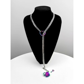 paloli Womens Slip Chain Necklace Heart O-Ring, Punk Rock Cuban Long Necklace Jewelry For Women, Adjustable Lariat Y-Necklace Heart Locker With Key (Silver-Rainbow, 32'')