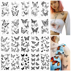 JIEYAO 20 Sheets Black Butterfly Temporary Tattoos, Small Butterflies Fake Tattoo, Waterproof Tattoos Stickers Realistic Black & White Butterflies Long Lasting Tattoos Semi Permanent Tattoo Stencils