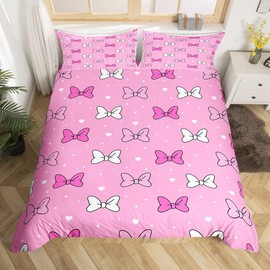 Bowknot Kids Duvet Cover Set Queen Size,Bow-tie Starry Sky Love Heart Romantic Bedding Set,Children Girls Women Room Decor,Castle Princess Cartoon Comforter Cover,Pink Cute Quilt Cover,2 Pillowcases