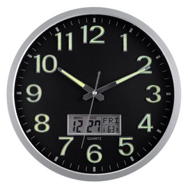 Plumeet Night Light Wall Clock, 14’’ Large Bedroom Wall Clocks with Glowing LCD Display, Silent Battery Operated Clock Decorate Living Room, Digital Wall Clocks Display Date Week Temp (Green)