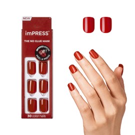 KISS imPRESS Color Polish-Free Solid Color Press-On Nails, PureFit Technology, Short Length, 'Reddy or Not', Includes Prep Pad, Mini Nail File, Cuticle Stick and 30 Fake Nails