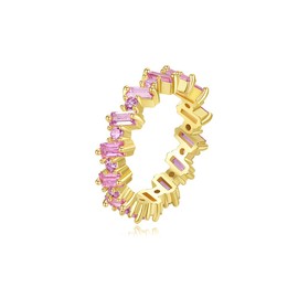 Michooyel 18K Gold Pated Eternity Band Ring Pink Cubic Zirconia Baguette Statement Ring for Women Girls