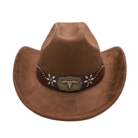 Western Cowboy Hat for Men Cowgirl Hat for Women Wide Brim Felt Fedora Hats Classic Flat Top Hats with Buckle Belt (US, Alpha, Medium, Coffee)