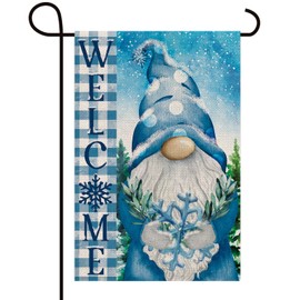 Texupday Welcome Winter Blue Gnome Snowflakes Polka Dots Hat Buffalo Plaid Decor Christmas Double Sided Vertical Burlap Garden Flag Rustic Farmhouse Party Outdoor Yard Banner 12" x 18"