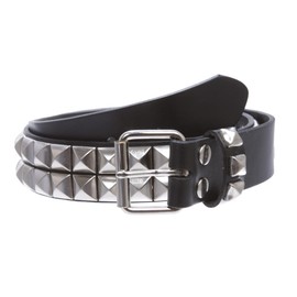 1 1/2" Snap On Two Row Punk Rock Star Silver Studded Solid Leather Belt, Black | 36"