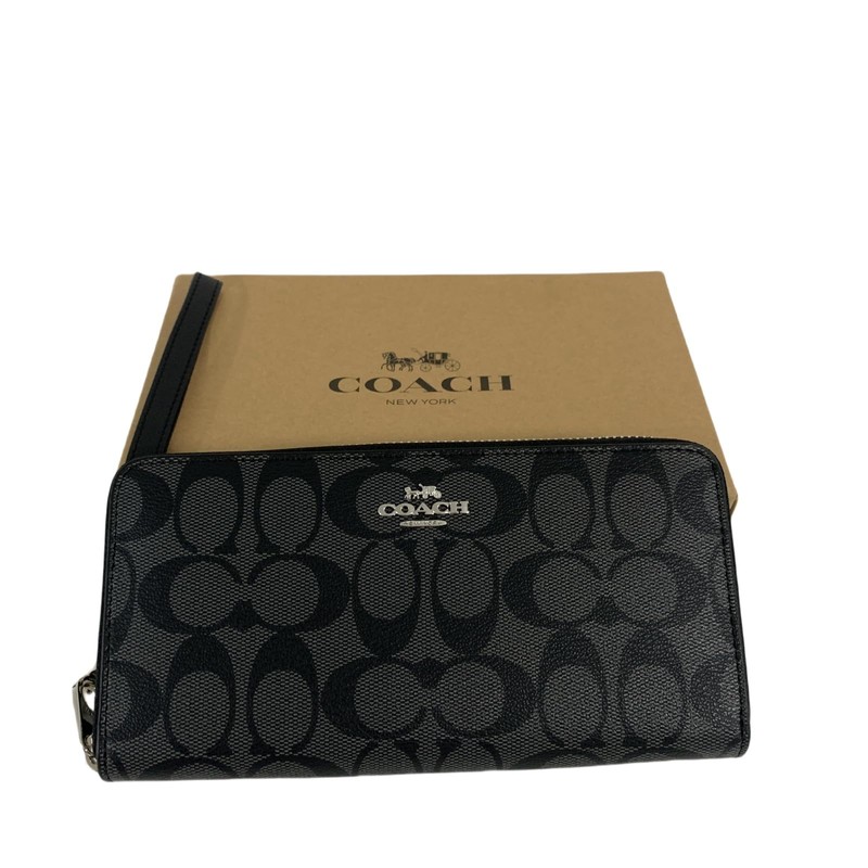 COACH Signature Zip Long Wallet, Strap Included, Coated Canvas, Black