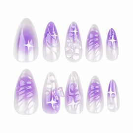 Rchovsam Purple Gradient Press on Nails Medium Almond Fake Nails Summer 3D Butterfly Design Acrylic Stick on Nails Gel Nail Kit for Womens 24 Pcs