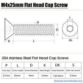 M4x25mm Flat Head Screws, 50pcs M4-0.7x25mm Countersunk Head Socket Cap Screw Bolts,304 Stainless Steel Machine Blot,Allen Socket Drive,Full Thread,Bright Finish,Quantity 50