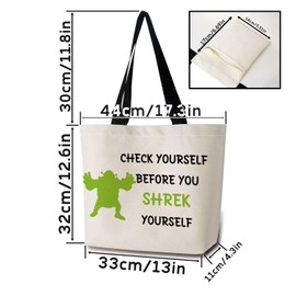 ZhuVantrix Green Monster Tote Bag Reusable Grocery Bags Aesthetic Shopping Shoulder Handbag with Interior Zipper Pocket Stylish Check Before Shrek Present for Women