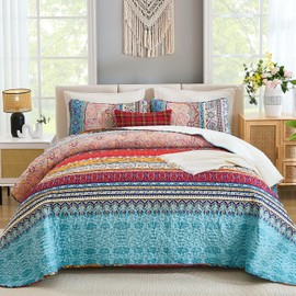 WONGS BEDDING Bohemian Quilt Set Queen Size, Boho Striped Pattern Bedspread Set for All Season, Microfiber Lightweight Coverlet Bedding Set 96"x90"(3 Pieces, Colorful)