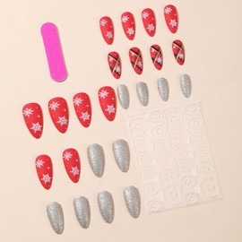 Christmas Press on Nails Medium Almond Fake Nails with Design Snowflake Glue on Nails Red False Nails Full Cover Matte Acrylic Nails Gold Glitter Stick on Nails for Women and Girls Manicure 24Pcs