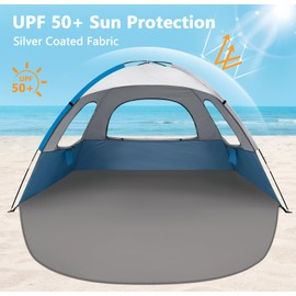 NXONE Beach Tent Sun Shade Shelter for 2-3 Person with UV Protection, Extended Floor, 3 Mesh Roll Up Windows & 8.0mm Fiberglass Rods丨Carry Bag Included (Blue White)