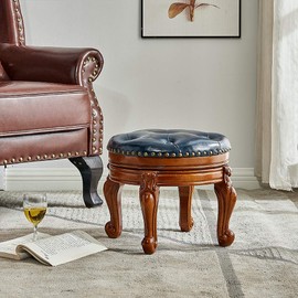 ZIRKOOON Solid Wood Foot Stool Round Ottoman Mid-Century Footrest Sofa Stool Leather Cushion for Living Room, Bedroom (Dark Blue)