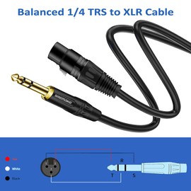 DREMAKE Balanced Cable 33 Foot TRS 6.35mm (1/4 Inch) Male to XLR Female Mic Cable for Amplifier, Speakers - Black
