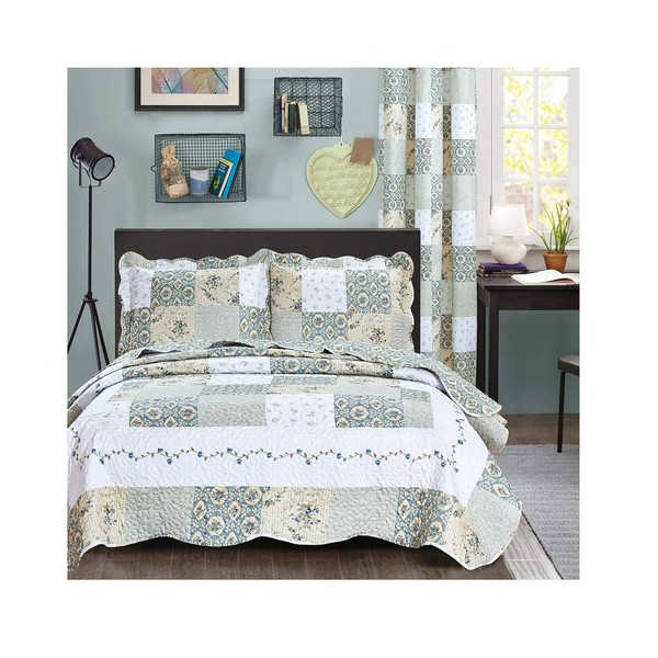 All American Collection New Reversible 3pc Floral Printed Patchwork Blue/Green Bedspread/Quilt Set Matching Curtains Available (Full/Queen Size)