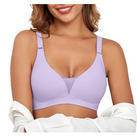 Xcutting Wireless Bras for Women, Comfortable Seamless Bra Mesh Bralettes Adjustable Straps Everyday Bralette No Underwire Wireless Push Up Bras with Extender (Purple,Large)