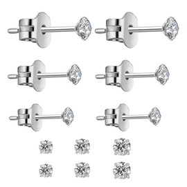 3 Pairs 925 Sterling Silver Studs Earrings for Women Studs, Cubic Zirconia Stud Earrings, For Mens Women Sensitive Ears